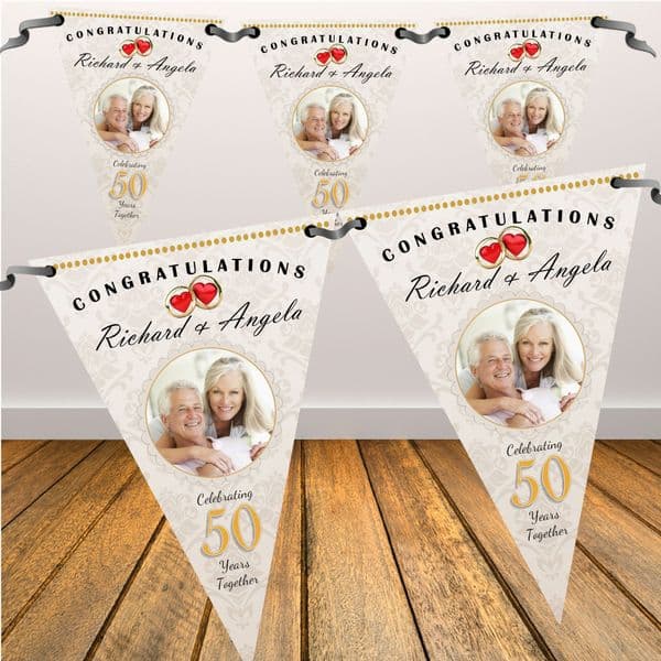 Personalised Golden 50th Wedding Anniversary PHOTO Flag Bunting Banner - N62