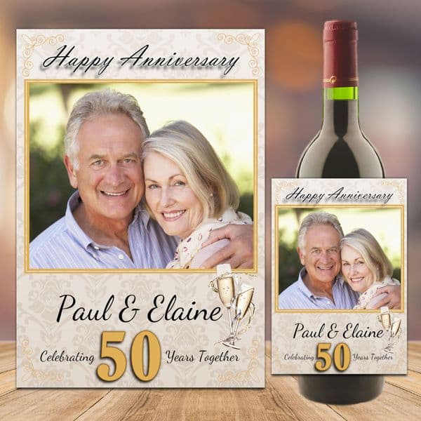 Personalised Golden 50th Wedding Anniversary Wine / Champagne Bottle Label N101