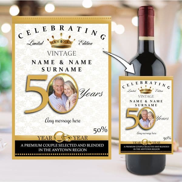 Personalised Golden 50th Wedding Anniversary Wine / Champagne Bottle Label N102