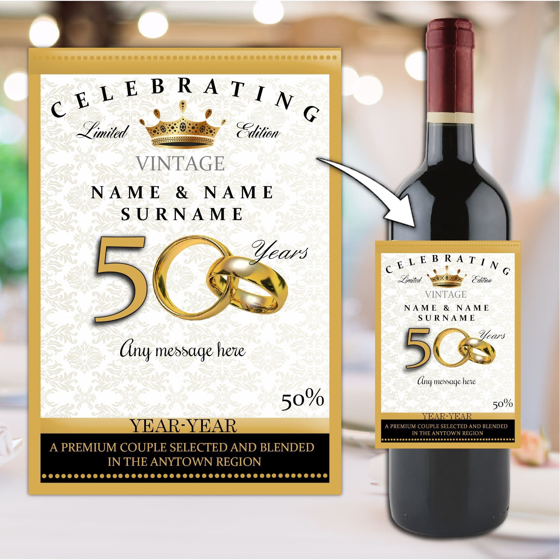 Personalised Golden 50th Wedding Anniversary Wine / Champagne Bottle Label  N14