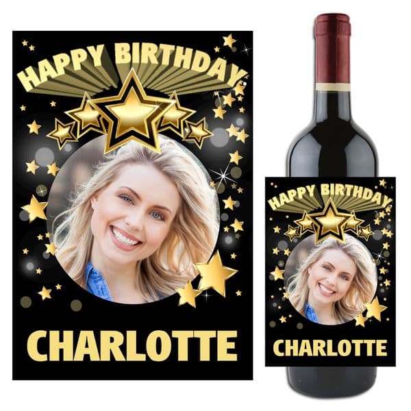 Personalised Happy Birthday Black & Gold Stars Wine / Champagne Bottle PHOTO Label N96