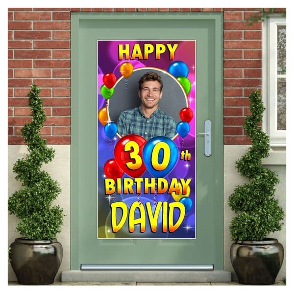 Personalised Happy Birthday Door PHOTO Banner Poster ~ Balloon Burst N38 Any Age