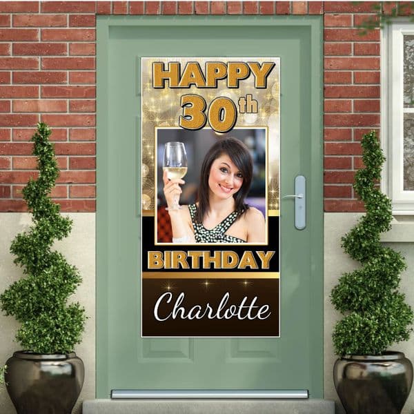 Personalised Happy Birthday Door PHOTO Banner Poster ~ Black & Gold Sparkle N2