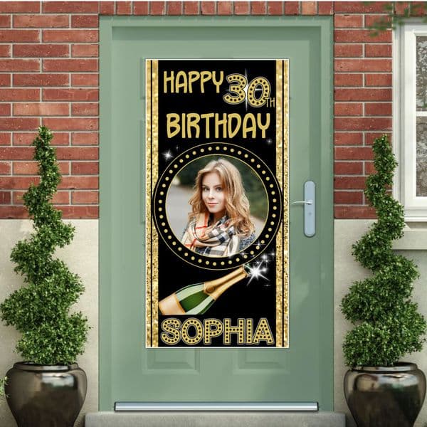 Personalised Happy Birthday Door PHOTO Banner Poster ~ Champagne Black & Gold Sparkle N5