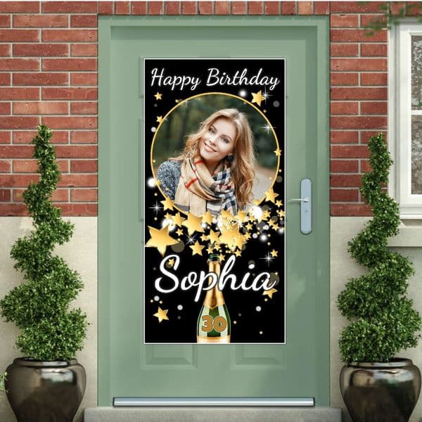 Personalised Happy Birthday Door PHOTO Banner Poster ~ Champagne Star Burst N6
