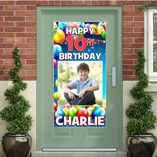 Personalised Happy Birthday Door PHOTO Banner Poster ~ Colourful Balloons N33 Any Age