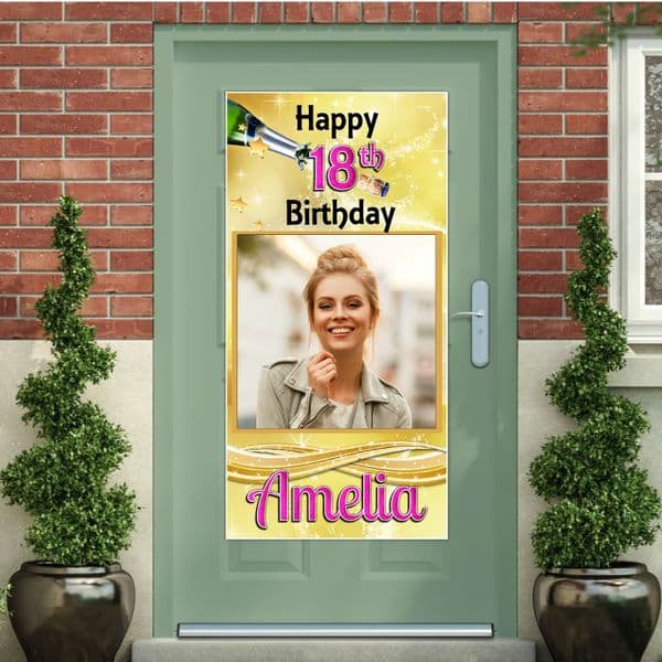 Personalised Happy Birthday Door PHOTO Banner Poster ~ Gold Champagne Burst N19