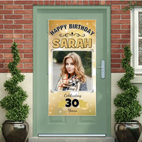 Personalised Happy Birthday Door PHOTO Banner Poster ~ Gold Sparkle N25