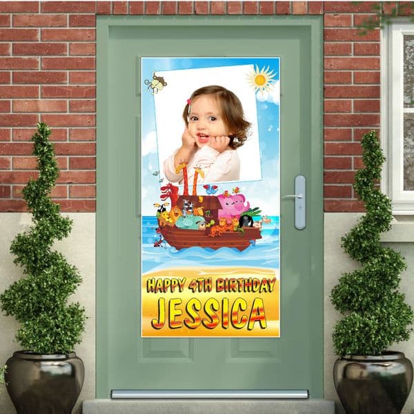 Personalised Happy Birthday Door PHOTO Banner Poster Noahs Ark N39 Any Age