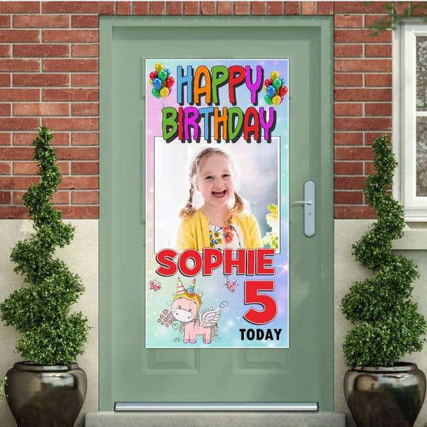 Personalised Happy Birthday Door PHOTO Banner Poster ~ Rainbow Unicorn N36 Any Age