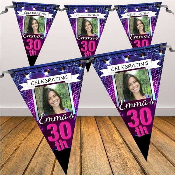 Personalised Happy Birthday Flag PHOTO Bunting Banner - N49 - Disco Bokeh