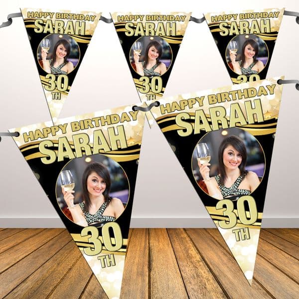 Personalised Happy Birthday Flag PHOTO Bunting Banner - N51 - Black & Gold Sparkle