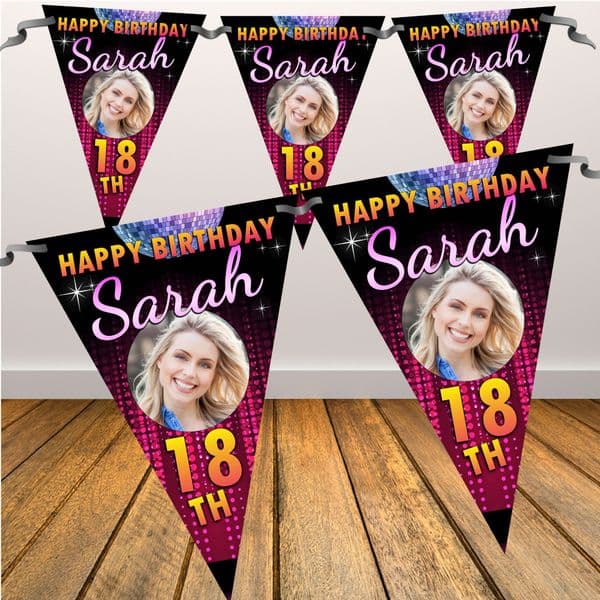 Personalised Happy Birthday Flag PHOTO Bunting Banner - N52 - Pink Disco Bokeh