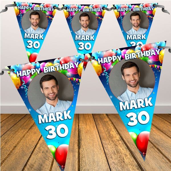 Personalised Happy Birthday Flag PHOTO Bunting Banner - N65 Birthday Balloon Burst design