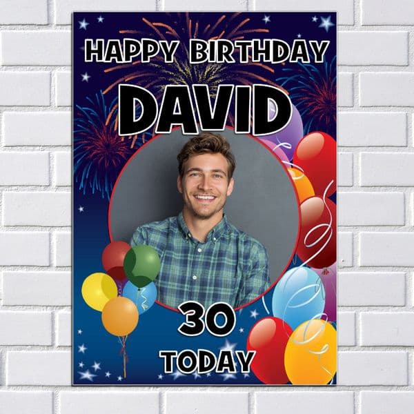 Personalised Happy Birthday Party Firework Balloons PHOTO Poster Banner N5