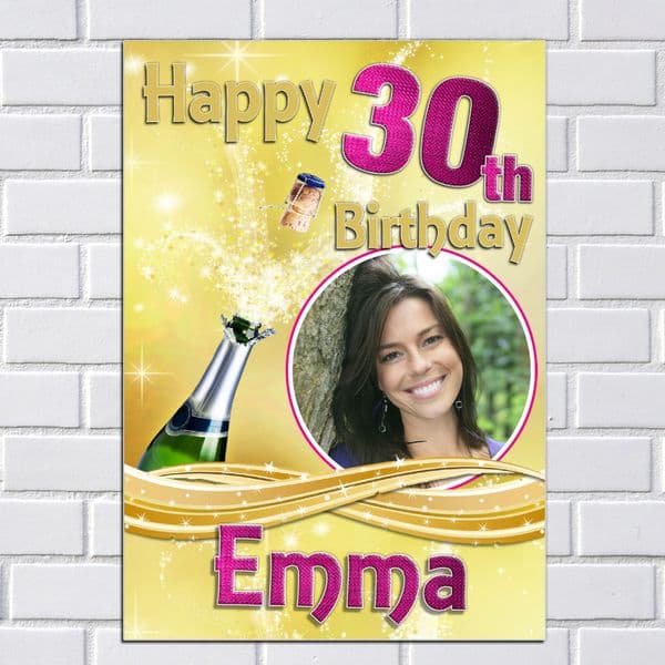 Personalised Happy Birthday PHOTO Poster Banner N57 - Gold Champagne Burst