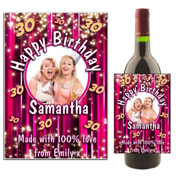 Personalised Happy Birthday Pink Glitz Wine Bottle PHOTO Label N8