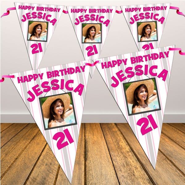 Personalised Happy Birthday Pink Stripe Flag PHOTO Bunting Banner - N43