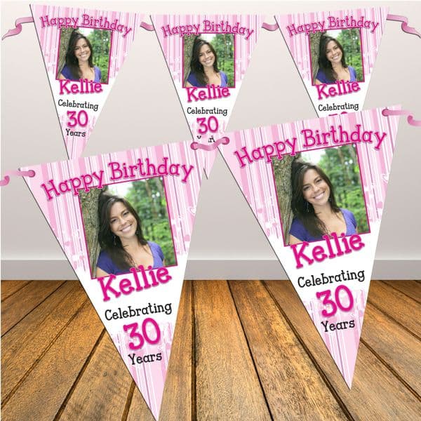 Personalised Happy Birthday Pink Stripe Print Flag PHOTO Bunting Banner - N24