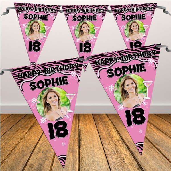 Personalised Happy Birthday Pink Zebra Print Flag PHOTO Bunting Banner - N23