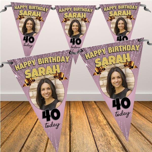 Personalised Happy Birthday Rose Gold Sparkle Flag Photo Bunting Banner - N91 ANY AGE