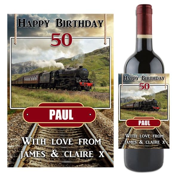 Personalised Happy Birthday Steam Train Wine / Champagne Bottle Label N54 - Great gift idea!