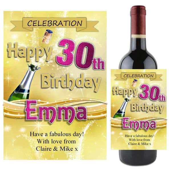 Personalised Happy Birthday Wine / Champagne Bottle Label N71 - Gold Champagne Burst