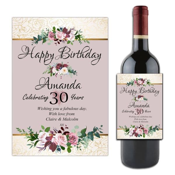 Personalised Happy Birthday Wine / Champagne Bottle Sticker Label N178 ~ Vintage Floral