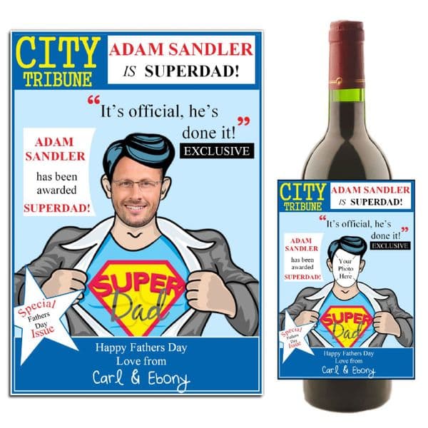 Personalised Happy Fathers Day Superdad Wine / Champagne Bottle PHOTO Label N30