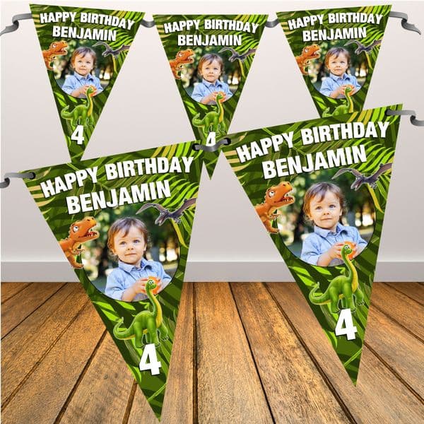 Personalised Jungle Dinosaurs Happy Birthday Flag PHOTO Bunting Banner - N94