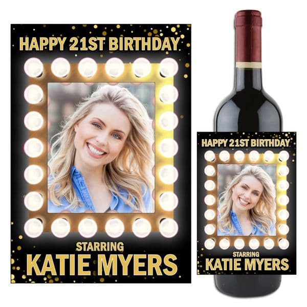 Personalised Light Frame Sparkle Happy Birthday Wine / Champagne Bottle PHOTO Label N107