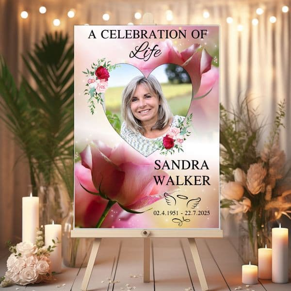 Personalised Memorial celebration of life Photo Poster Banner Print. Funeral Wake Sign N237