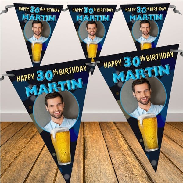 Personalised Mens Beer Larger Happy Birthday Flag PHOTO Bunting Banner - N71 ANY AGE