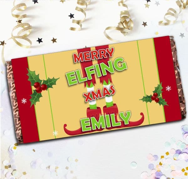 Personalised Merry Elf Christmas Milk Chocolate Bar - Xmas Stocking Filler Secret Santa Gift N79