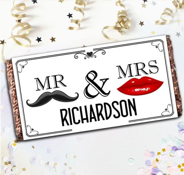 Personalised Mr & Mrs Milk Chocolate Bar - Guest Table Favors Gift N134 Lips & Mustache