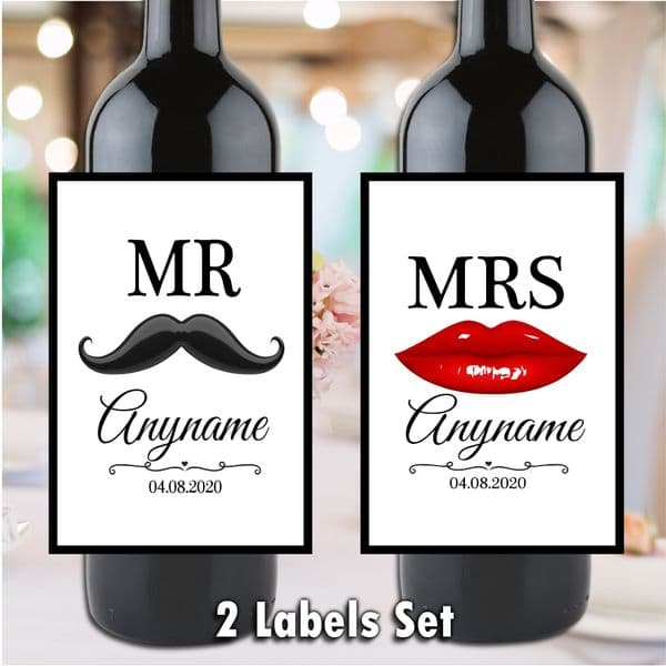 Personalised Mr & Mrs Wedding Moustache & Lips design Wine / Champagne Bottle Label Set (Qty 2) N160