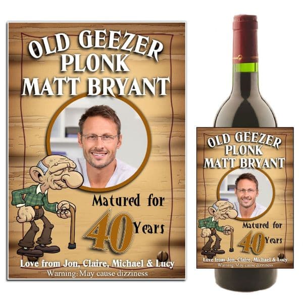 Personalised Old Geezer Birthday Wine / Champagne Bottle PHOTO Label N11