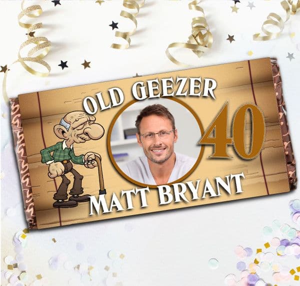 Personalised Old Geezer Happy Birthday 110g Milk Chocolate Bar - Joke Humour Gift N25
