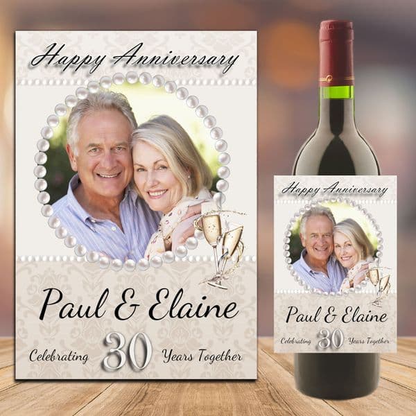 Personalised Pearl 30th Wedding Anniversary PHOTO Wine / Champagne Bottle Label N91