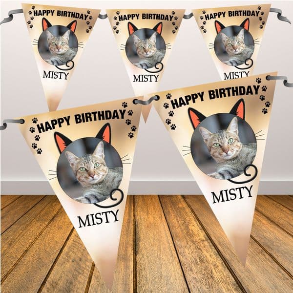 Personalised Pet Cat Happy Birthday Flag Photo Bunting Banner - N97