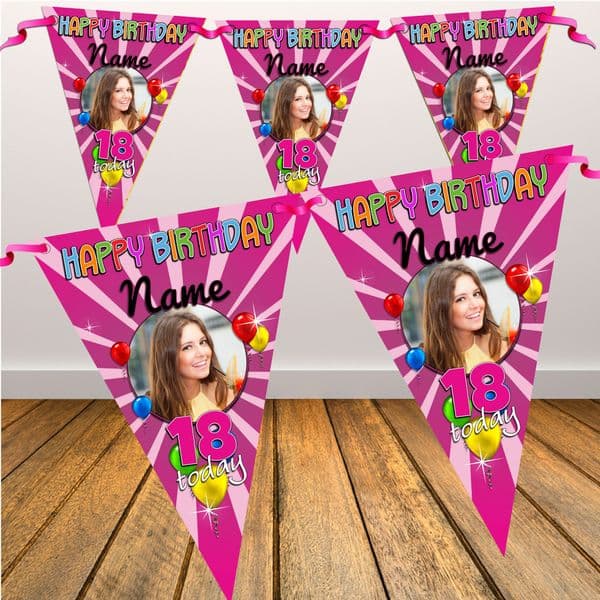 Personalised Pink Blast Happy Birthday Flag PHOTO Bunting Banner - N88 ANY AGE