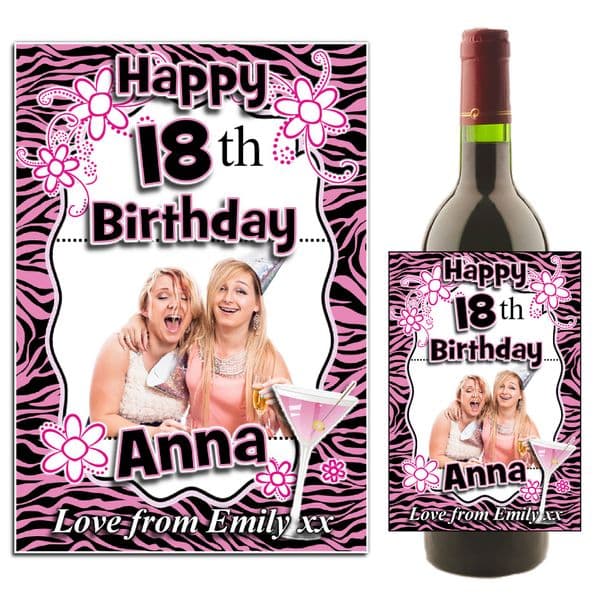 Personalised Pink Glamour Happy Birthday Wine / Champagne Bottle PHOTO Label N12