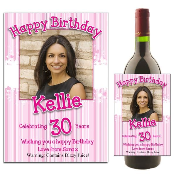 Personalised Pink Hearts Happy Birthday Wine / Champagne Bottle PHOTO Label N33
