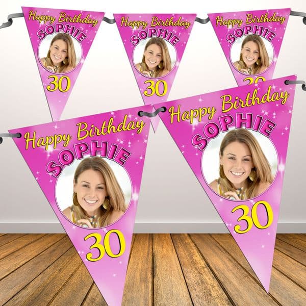 Personalised Pink Sparkle Happy Birthday Flag PHOTO Bunting Banner - N40 ANY AGE