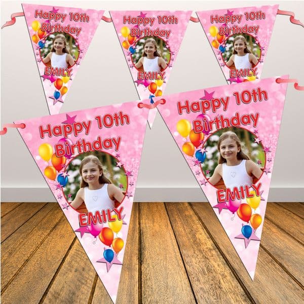 Personalised Pink Sparkle Happy Birthday Flag PHOTO Bunting Banner - N5