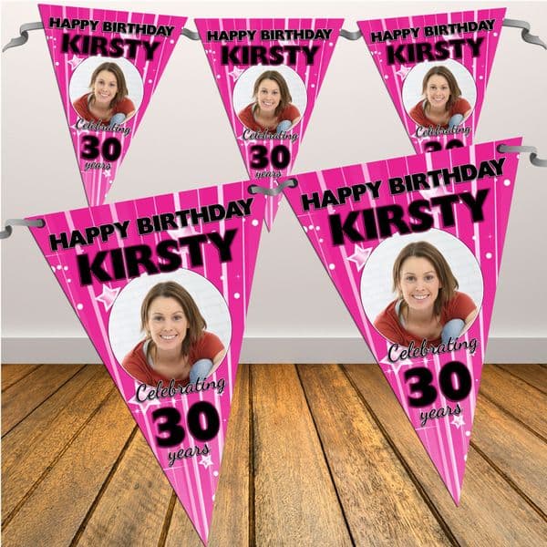 Personalised Pink Stars & Stripes Happy Birthday Flag PHOTO Bunting Banner - N26