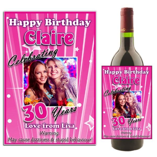 Personalised Pink Stripe Happy Birthday Wine / Champagne Bottle PHOTO Label N24
