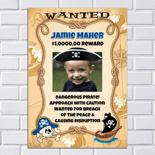 Personalised Pirate Happy Birthday Party WANTED PHOTO Banner Poster N1