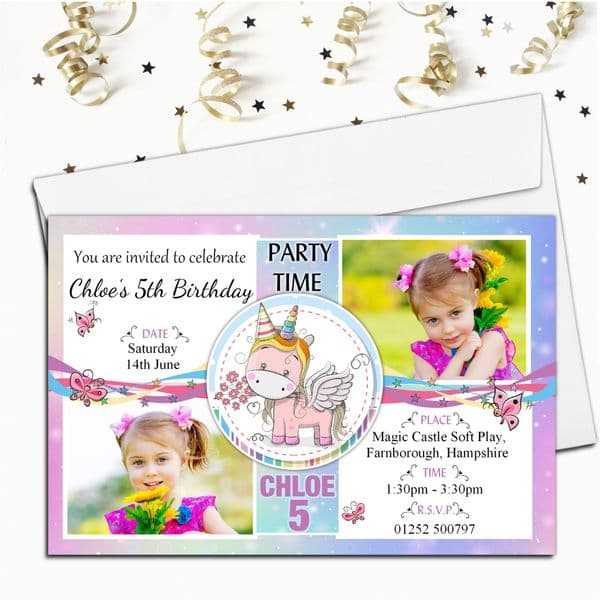 Personalised Rainbow Unicorn Birthday Party PHOTO Invitations N226