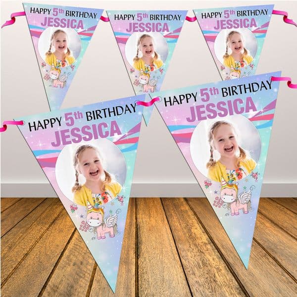 Personalised Rainbow Unicorn Happy Birthday Flag PHOTO Bunting Banner - N86 ANY AGE
